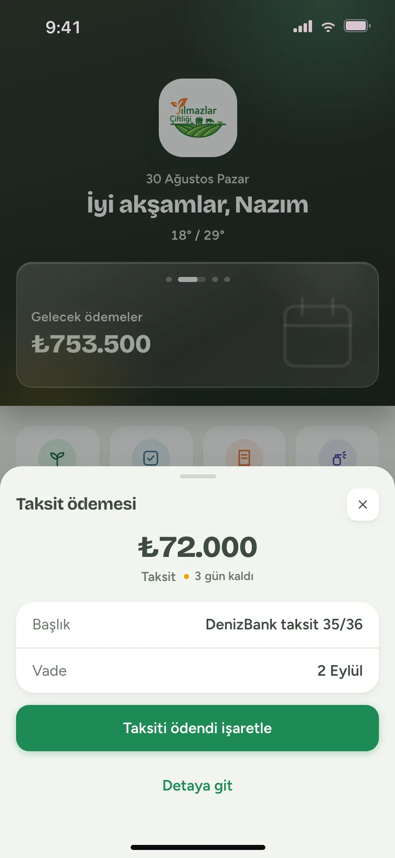 Taksit özeti ve ödendi işaretleme