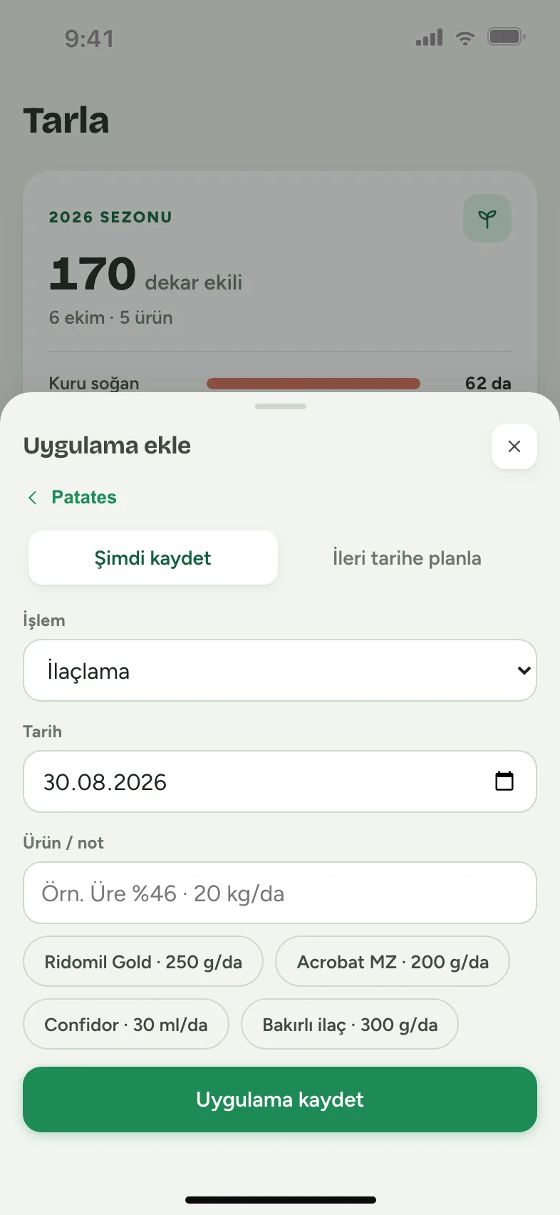 İlaçlama seçili; kayıtlı ilaç önerileri listelenmiş