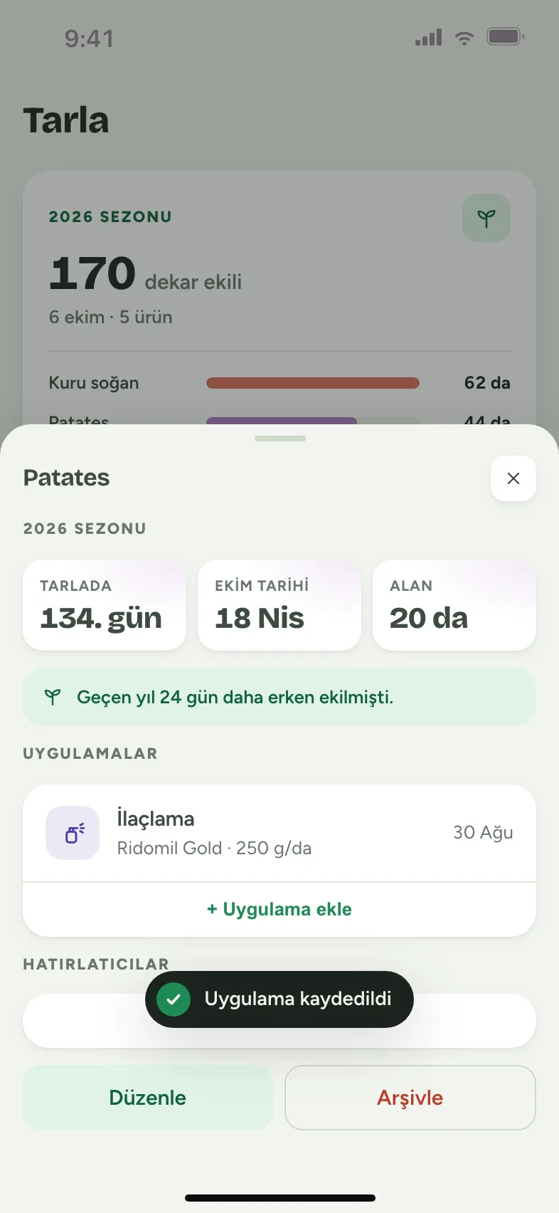'Uygulama kaydedildi' bildirimi; listede yeni İlaçlama satırı