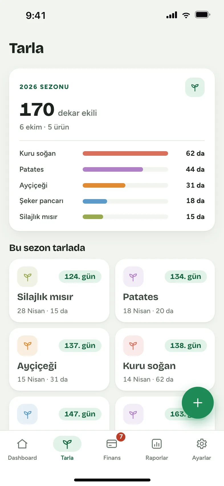 Tarla ekranı: 2026 sezonunda 170 dekar ekili alan, ürün bazında dağılım ve bu sezonki ekimler
